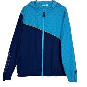 ALDI Gear 2024 Unisex Hooded Windbreaker Jacket Navy/Teal Hood Zip Lg. LIKE NEW!